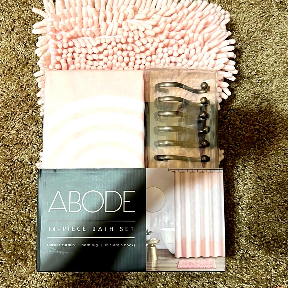 ABODE
Geo Circles Pink Shower Curtain Bath Set, 14 piece Curtain, rug, 12 hooks